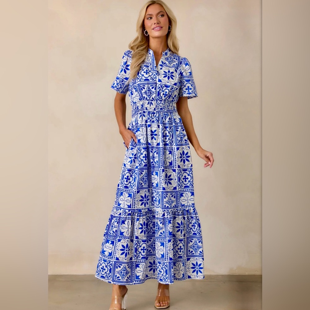 Blue and White Patterned Cotton Maxi Dress with Pockets